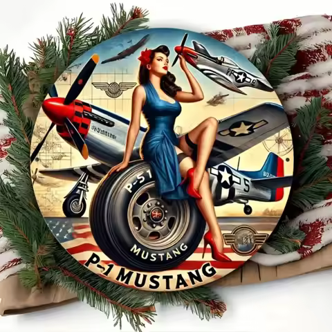 P-51 MUSTANG Aluminum Round Sign 2D Flat Reusable Easy-to-Hang Decor for Home Bar Garage