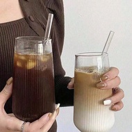 1ชิ้น แก้วแบบลายทาง ขนาด 500 มล. 16.6 ออนซ์ (ไม่มีหลอด) กระจกบอโรซิลิเคตแบบลายตั้ง แก้วกาแฟใสที่มีลา