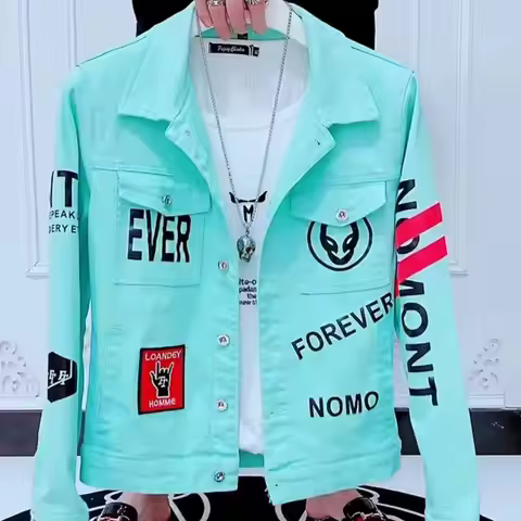 Cowboy Coat for Men Button Denim Jackets Letter Label Print Fashion New Men's Denim Slim Fit Jacket 