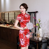 Ready Stock 新年旗袍 CNY  Elegant Red Satin Mini Qipao 2412-28 優雅紅色绸缎短旗袍