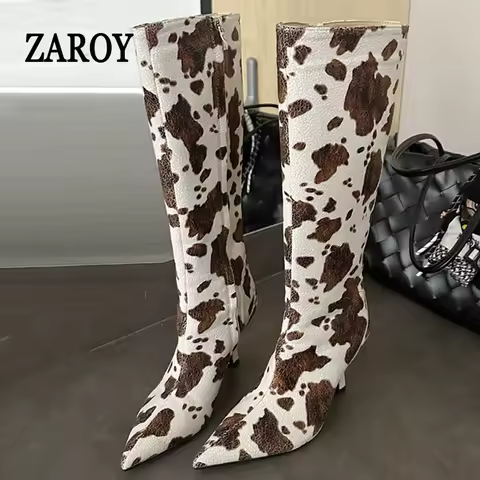 ZAROY Stiletto Heel Knee High Boots Brand Designer Brown Cow Print Pointed Toe Zipper Runway Banquet