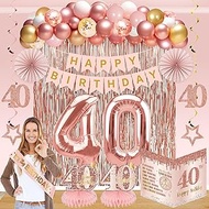 62Pcs 40th Birthday Decorations Kit for Women, Pink Rose Gold Happy 40th Birthday Banner, Forty Bday