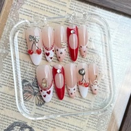 10 Pcs Red Press On Nails Stiletto Shape, Fall Summer Fake Nails Heart Keys And Locks Leopard Print 