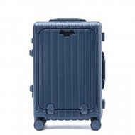 （藍色）前開口 18吋 行李箱 鋁框 萬向輪 旅行箱 登機箱 多功能 杯架手提 喼 行旅箱