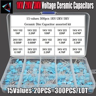 15Values 300Pcs 1KV/2KV/3KV (0.1nF to 22nF) High Voltage Ceramic Disc Capacitor Assorted Kit With St