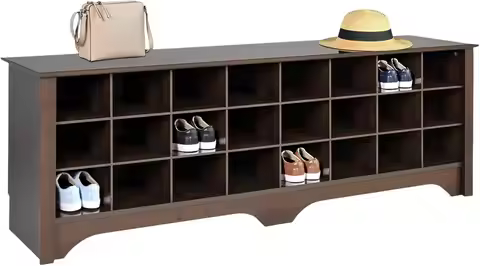 24 Pair Shoe Cabinet Entryway Bench with Storage Cubbies, Brown, 15.5"D x 60"W x 20.25"H for Mud Roo