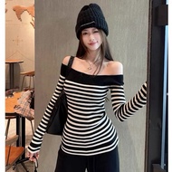 BEAUTIFUL LONG-Sleeve Horizontal Striped Off-Shoulder T-SHIRT S6631