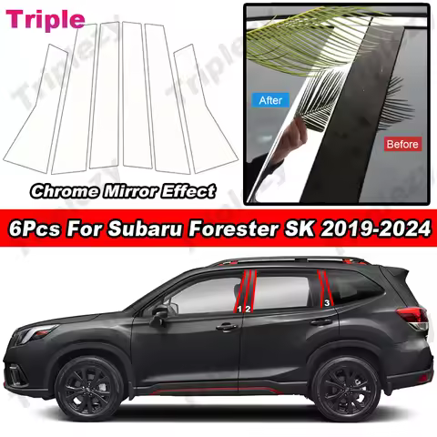 6Pcs Glossy Chrome PC Material Auto Exterior Door Window Column BC Pillar Post Cover For Subaru Fore