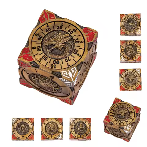 7-in-1 Metal Rotating Dice Cube Unique DND Spinner Polyhedral Dice with 3D Relief for Fantasy D&D Ta