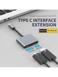 2 合 1 C 型集線器，USB C 轉 DP，迷你 DP 轉接器，4K 60Hz 視訊分辨率，適用於 Mac 和 USB Type-C 裝置的 USB-C 多埠轉接器（灰色）