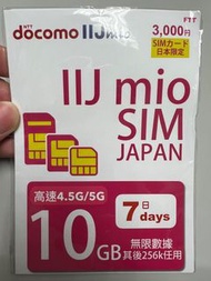 日本NTT docomo IIJmio 4.5G/5G 7日 10GB 其後256k任用 無限數據卡上網卡Sim卡