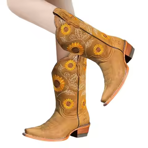 Women Cowgirl Boots Vintage Cowgirl Boots Equestrian Boots Equestrian Knight High Boots Square Toe V