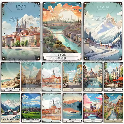 France Travel Cityscape Metal Sign Paris Lyon Toulouse Cahors Nice Arcachon Colmar Mont-Saint-Michel