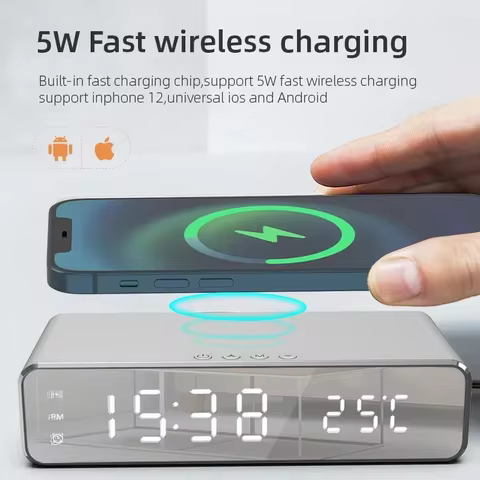 Bedhead desktop wireless charger, alarm clock, temperature display, 15W fast mobile phone charger fo