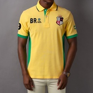 เสื้อโปโลผู้ชายแขนสั้นลายบราซิลรูปฟุตบอลใหม่ เสื้อสปอร์ตเวียร์แฟชั่นคาซูอล บล็อกสีเหลืองปัก คอโปโล ย