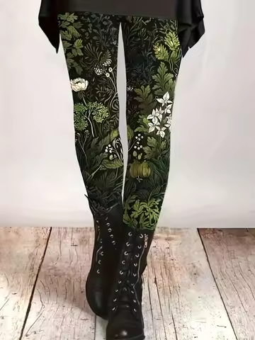 Women Fleece Lined Leggings Green Forest Plant Floral Print Stretch Warm Casual Pants