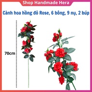 1 Red Fake Rose Branch, Including 6 Flowers, 9 Buds, 2 Buds, Used for Vase Arrangement, Home Decor, 