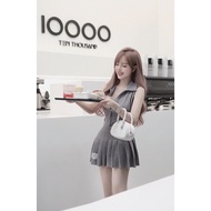 Đầm Váy Sát Nách Cổ Sơ Mi Bẻ Váy Nữ Cài Cúc Chạy Viền Sọc Phối Chân Váy Xếp Ly Dáng Ngắn Style Basic