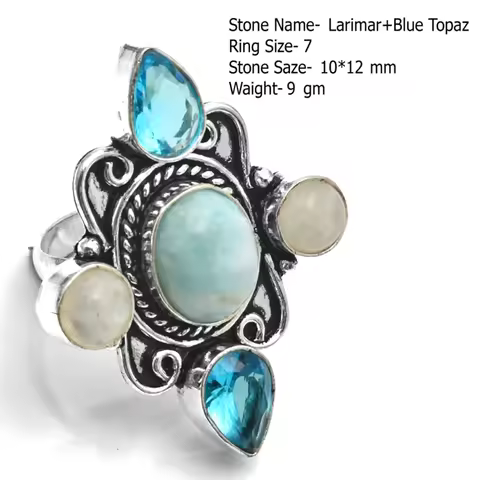 Genuine Labradorite Moonstone Kyanite Rough Biwa Pearl Blue Topaz Ring