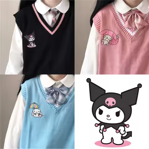 Kawaii Kuromi My Melody Cinnamoroll Sanrioes Wool Sweater V-Neck Waistcoat Vest College Lolita Girl 
