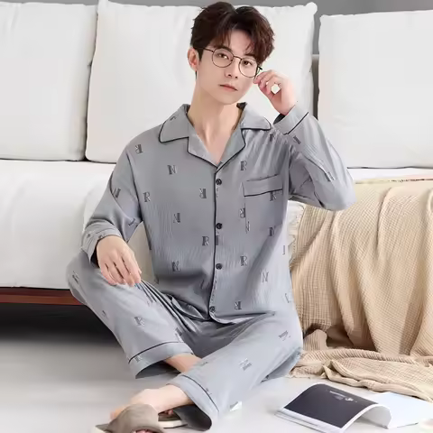 Korean-Style Men's Plus-Size Pyjama-Style Spring/Autumn Cloud-Cotton Long-Sleeved Set Premium-Qualit