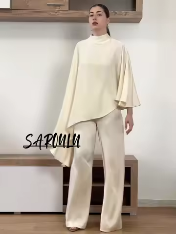 Elegant Ivory Satin Two Piece Set High Neck Cape Sleeve Blouse Wide Leg Pants Formal Party Outfit Fo