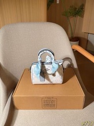 💜Brand New🏆Coach Mini Rowan Series Light Blue Signature Mini Boston Handbag /coach bag /coach tabby/