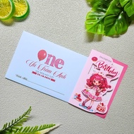 Birthday, birthday, first month invitations according to the image of a lovely pink dressed baby gir