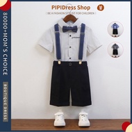 PIPIDress ✨ Set Pakaian Kanak-Kanak [Baju Strip Kelabu-Putih + Seluar Hitam] - Tali Leher Biru Toska