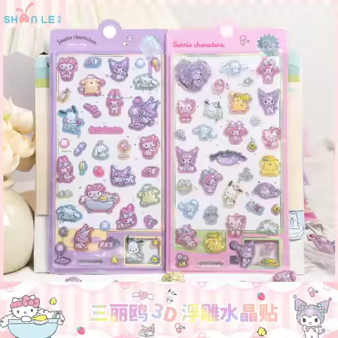 2-6pcs Hellokitty Kuromi My Melody 3d Relief Crystal Sticker Cute Diy Mobile Phone Decor Sticker Stu