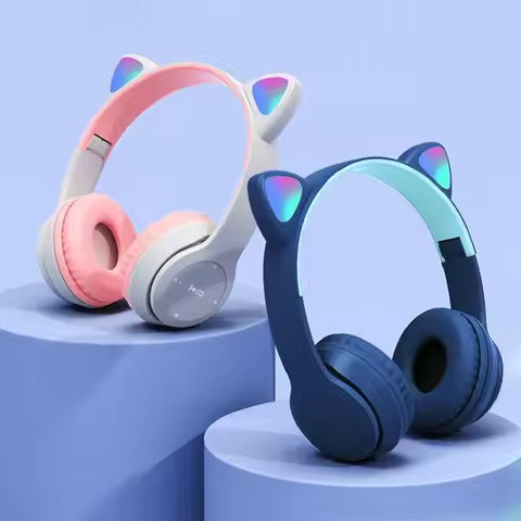 Wireless Headphones Cat Ear Bluetooth-Compatible Helmets Glow Light Over-Ear Headsets Cute Sports He