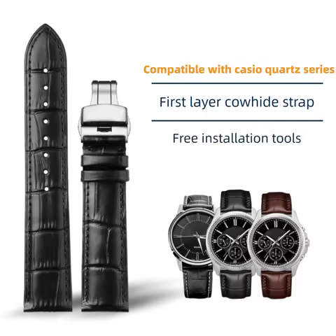 Genuine Leather Watch Strap Replacement with Butterfly Clasp, Black Brown Watch Band for Casio Sword