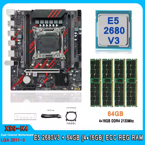 X99 Dual Channels Motherboard Set LGA 2011 V3 Kit Xeon with E5 2680V3 CPU 64GB(4*16GB) DDR4 2133MHz 