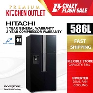 Hitachi 586L Japan Exclusive 4-Door Big French Glass Door Refrigerator Fridge with Water R-W720P7M GBK - Non Klang Valley Area Peti Sejuk Peti Ais
