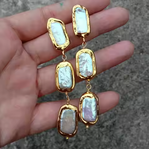 KKGEM 3.1" Natural White Biwa Pearl with gold plated edge Freshwater Cultured Dangle Wrap Stud Earri