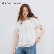 GIORDANO Women Blouses Pleated Crewneck Embroidery Trims Blouses Oblique Placket Raglan Sleeve Fashi