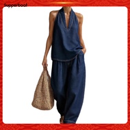 Women Summer Outfit Halter Top Set Women’s Summer Halter Denim Set – Tank Top Wide Leg Pants Lounge 