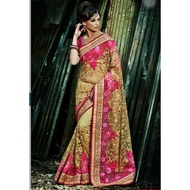 Ethnic Wear - Cream Net Bridal Saree - Pink