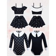 girl's Swimsuit Collar One-piece Long-sleeved Swimsuit Black Floral Wednesday Cosplay Adam's Family