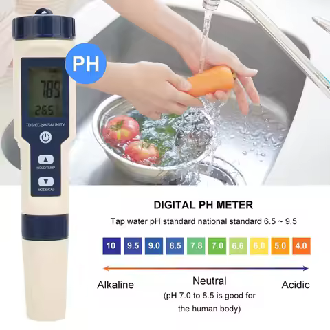 Water PH Temp Meter 5 in 1 Portable Digital PH/Salinity/Temp//EC Meter Multifunctional Water Quality