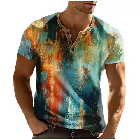 Abstract Art 3D Print Henley Shirts Men's Casual Vintage Streetwear Button-Down Short Sleeve T Shirt