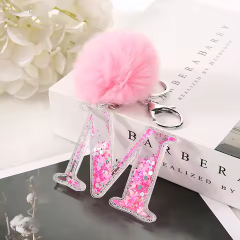 1PC Women Keychains 26 Glitter Pink Hollowed-out Words Handbag English Letter Keyring with Puffer Ba