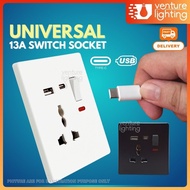 13A Universal Switch Socket USB Port 2.1A Type-C Fast Charging USB Multi Socket Suis Soket Rumah Switch Socket Plug Home