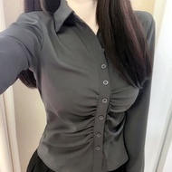 yikoo-Kemeja korea lipatan seksi shirt atasan blouse wanita