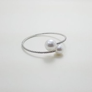 Unbalance cream white two pearl Czech Stone cuff silver adjustable bangle