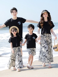 Summer Family Matching Beach Vacation Outfit Short Sleeve A-Line Midi Dress Sisters Brothers Mother 