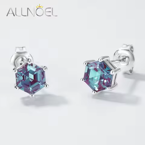ALLNOEL Hexagon 2.37CT Alexandrite 925 Sterling Silver Stud Earrings for Woman June Birthstone Fine 