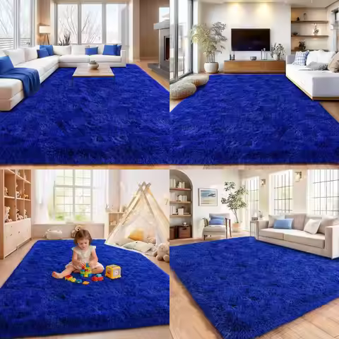 Large Fuzzy Rug 8x10 Feet Blue Fluffy Rug for Living Room, Big Plush Non-Skid Shag Carpet, Soft Shag