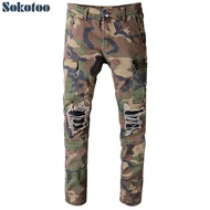 Sokotoo Men's Camouflage Printed Patchwork Military Biker Jeans For Moto Slim Fit Straight Army Green Pockets Cargo Denim Pants
