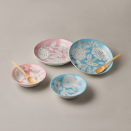 日本小倉陶器 - 粉染花朵碗盤禮盒組 - 附湯匙 (6件式)